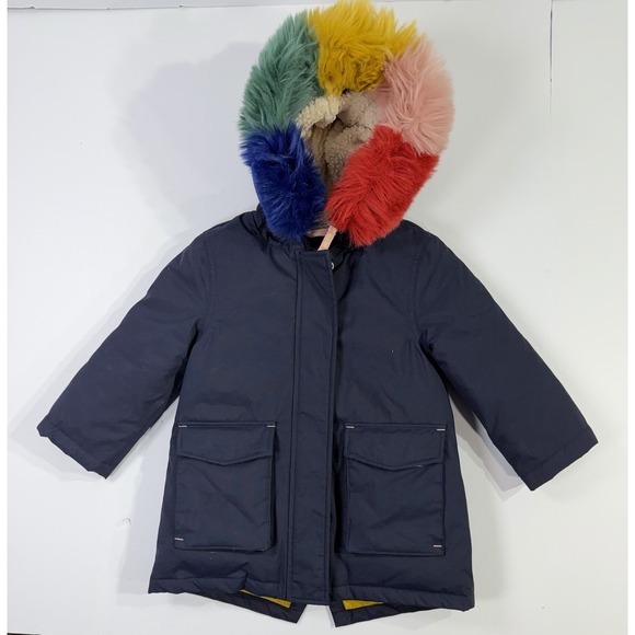 Boden Other - Boden Kids Navy Puffer Coat Rainbow Faux Fur Hood Warm Winter 2–3Y